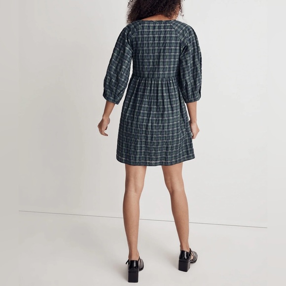 Madewell Marianna Puff Sleeve Mini Dress in Plaid-Forest - NWOT - Size XL - Picture 3 of 11